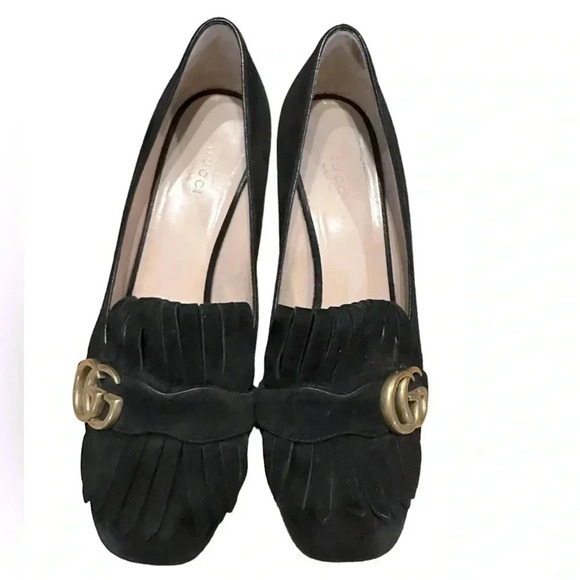 Gucci marmont fringe AUTHENTIC Black Suede Mule Heel Shoes Size 39 1/2 - Picture 2 of 12
